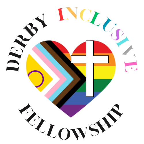 Derby Inclusive Fellowship logo: a cross over a heart in Progress Pride colours
